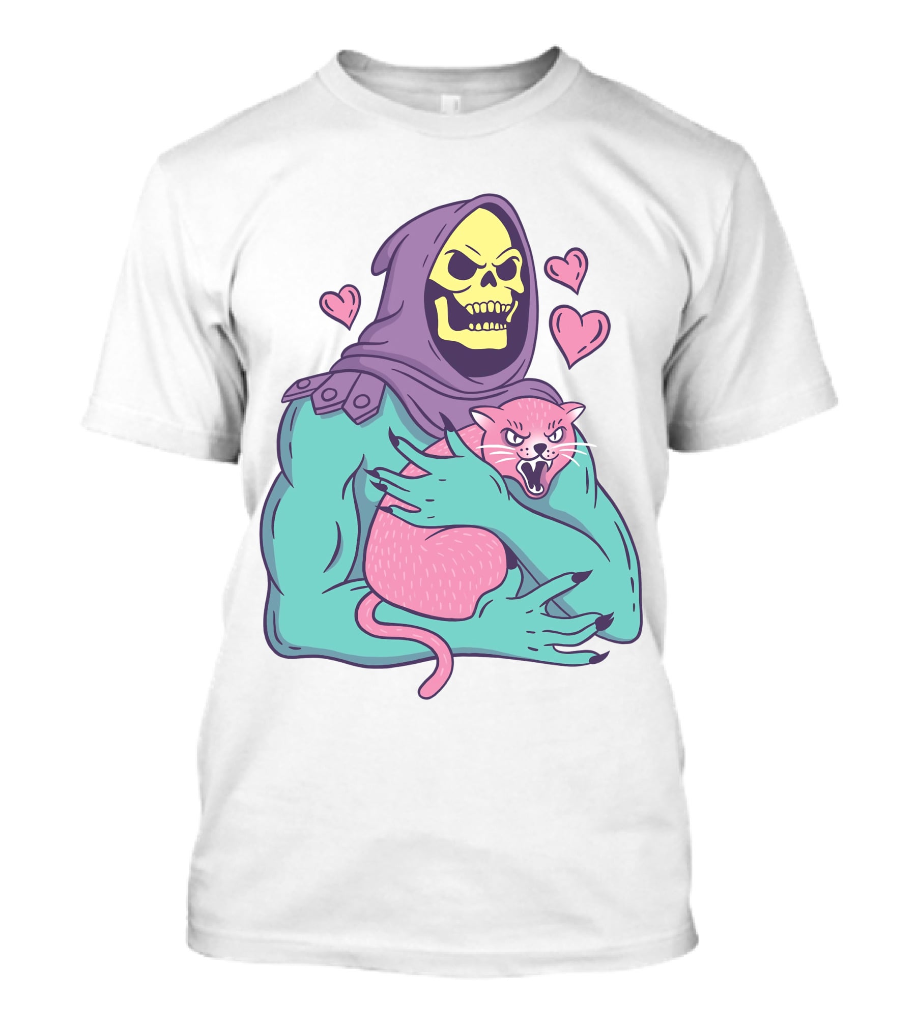 Skeletor Holding Pink Cat With Hearts T-Shirt