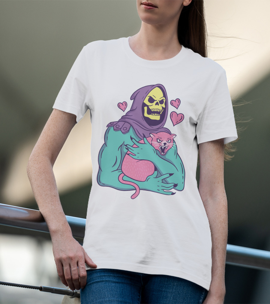 Skeletor Holding Pink Cat With Hearts T-Shirt