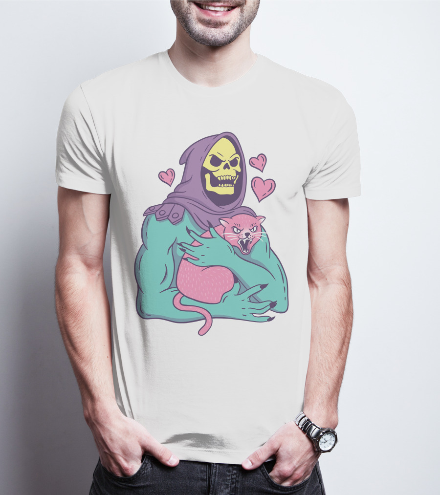 Skeletor Holding Pink Cat With Hearts T-Shirt