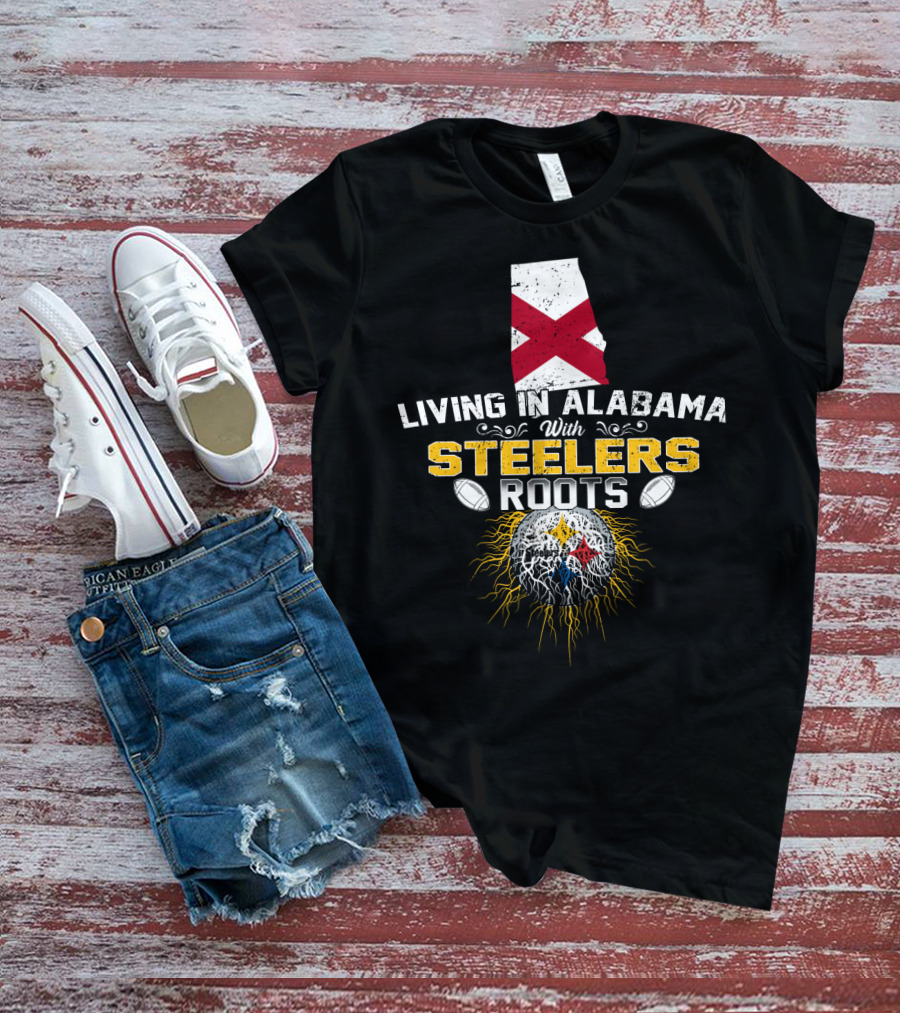 Living In Alabama Embracing STEELERS Roots With State Flag And Football Elements T-Shirt
