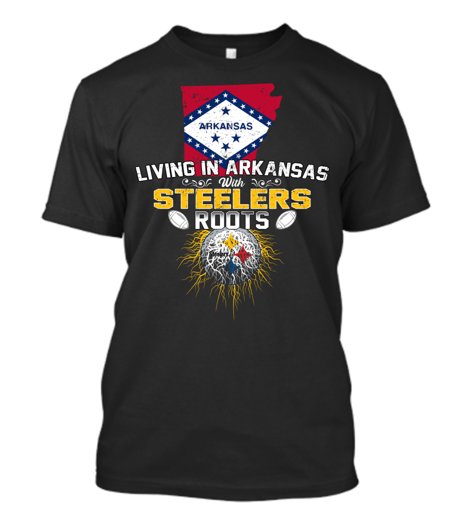 Living In Arkansas With STEELERS Roots Arkansas Flag NFL Football Emblem T-Shirt