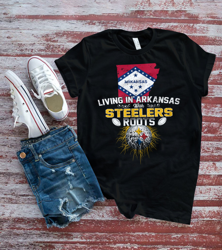 Living In Arkansas With STEELERS Roots Arkansas Flag NFL Football Emblem T-Shirt