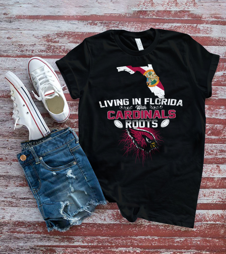 Living In Florida With Nfl Arizona Cardinals Roots And Florida State Map T-Shirt