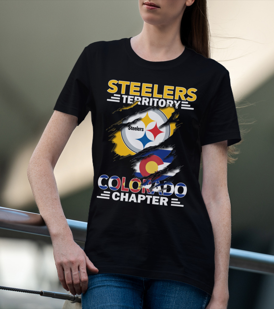 Steelers Territory Colorado Chapter Logo With Colorado Flag And Steelers T-Shirt