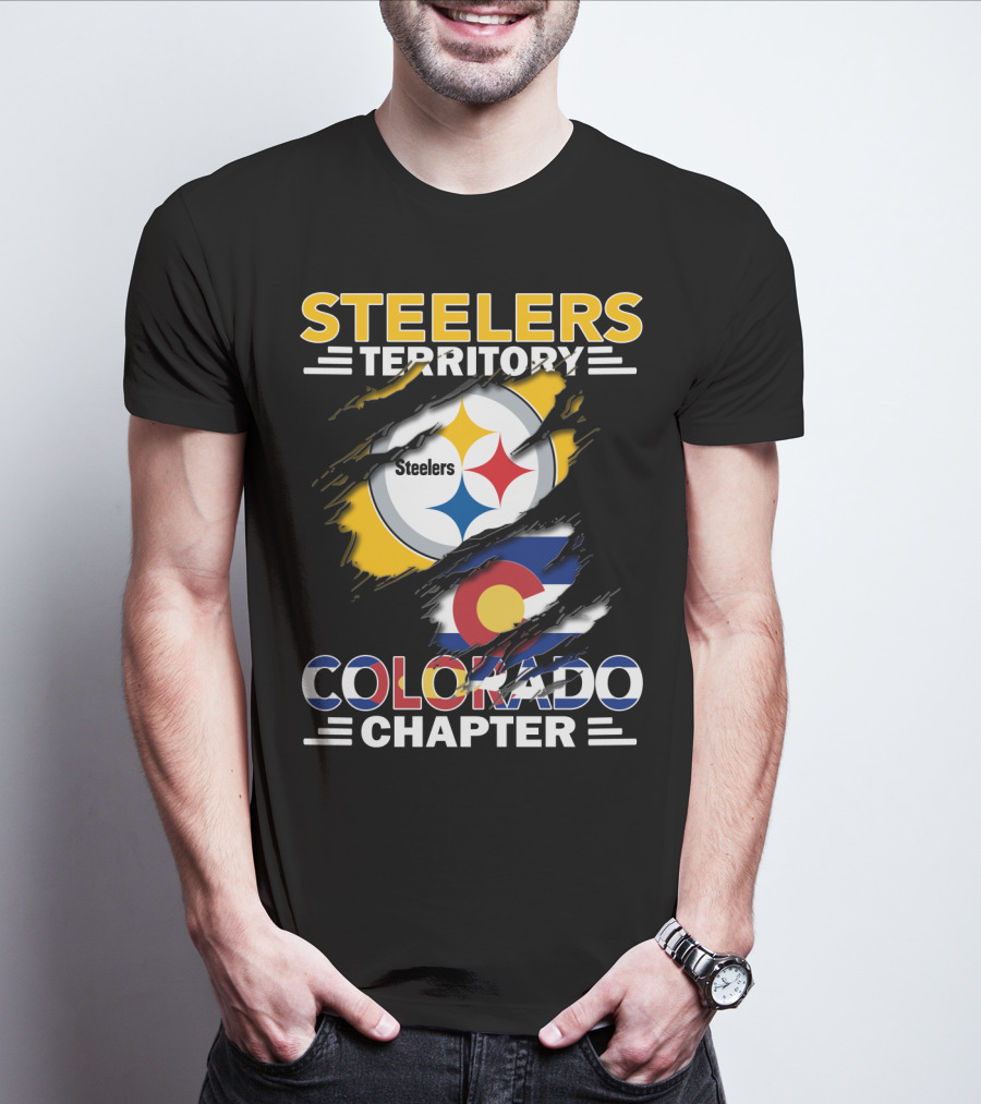 Steelers Territory Colorado Chapter Logo With Colorado Flag And Steelers T-Shirt