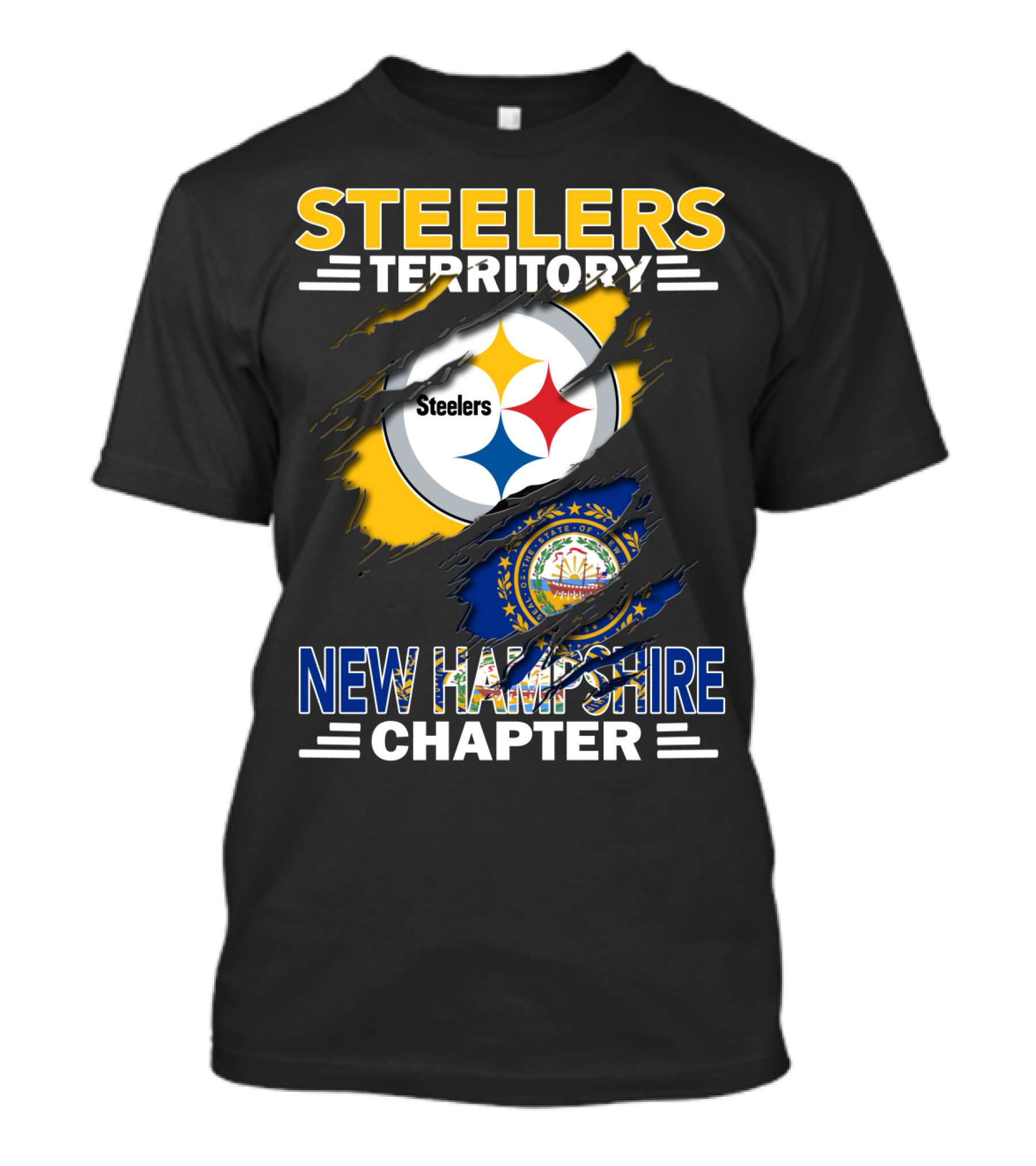 Steelers Territory New Hampshire Chapter Ripped Design Logo New Hampshire Flag T-Shirt
