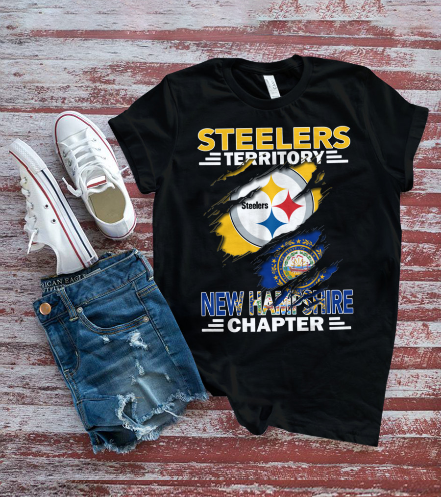 Steelers Territory New Hampshire Chapter Ripped Design Logo New Hampshire Flag T-Shirt