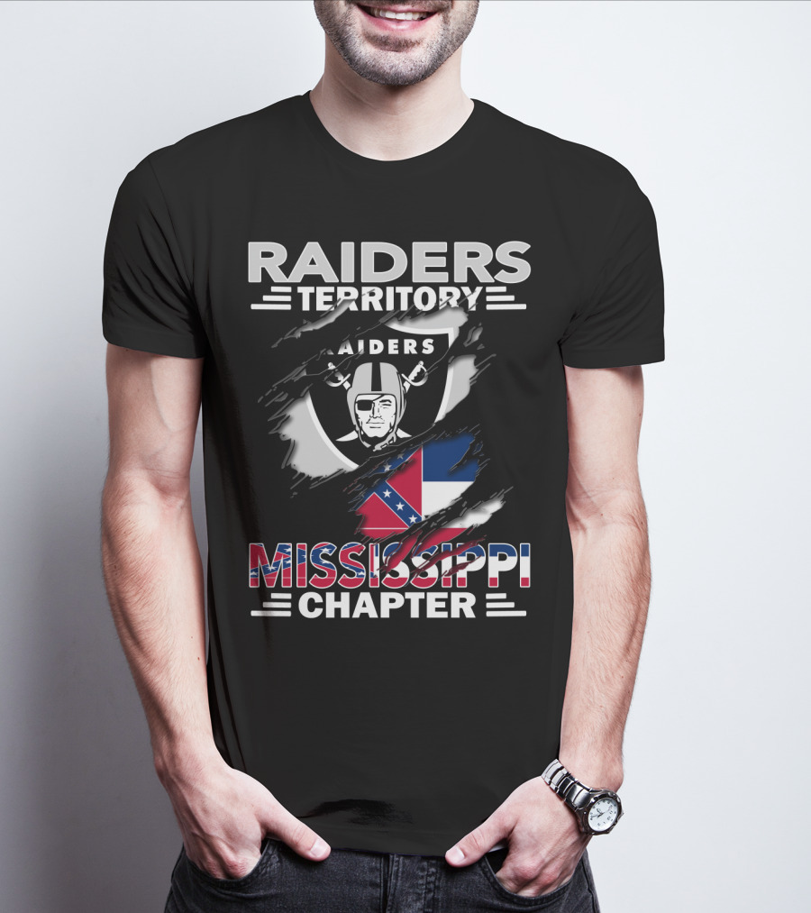 Raiders Territory Mississippi Chapter Nfl Fan Club Logo With Mississippi Flag Elements T-Shirt
