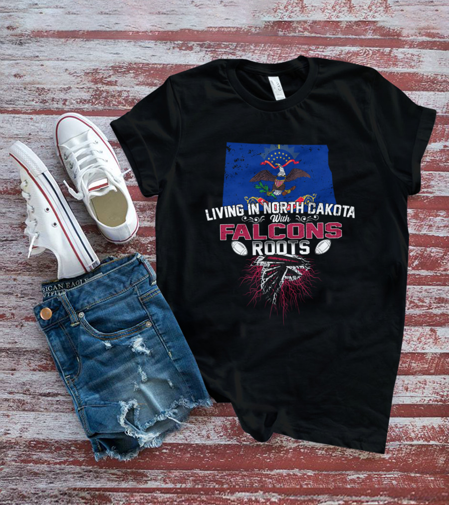 Living IN North Dakota With Falcons Roots Flag Eagle Football Logo Icons T-Shirt