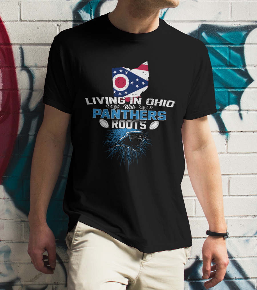 Living In Ohio With Panthers Roots Flag Map Football Panther Head T-Shirt