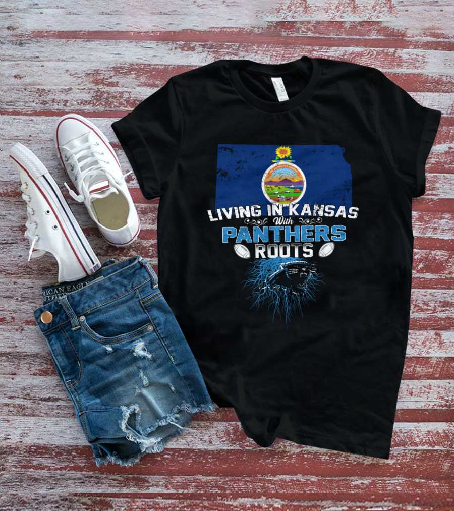 Living In Kansas With Panthers Roots Kansas State Outline And Panther Emblem With Footballs T-Shirt