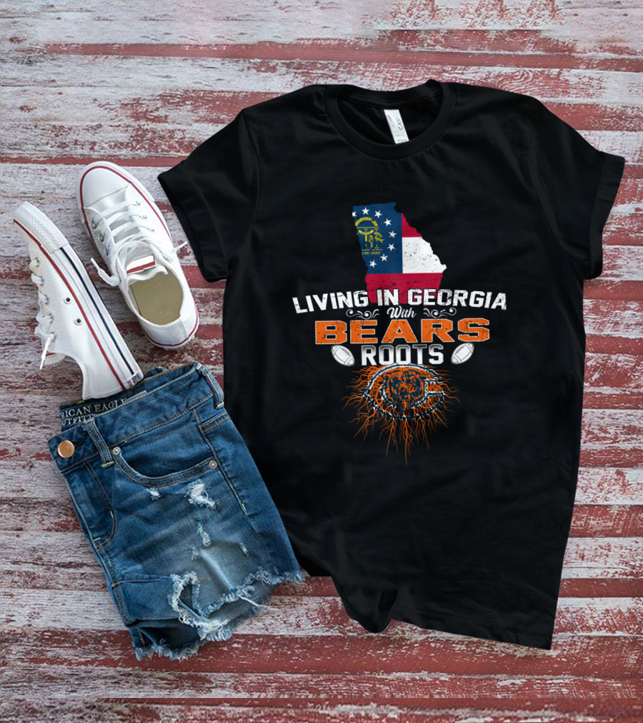 Living In Georgia With Chicago Bears Roots Flag Map Football T-Shirt