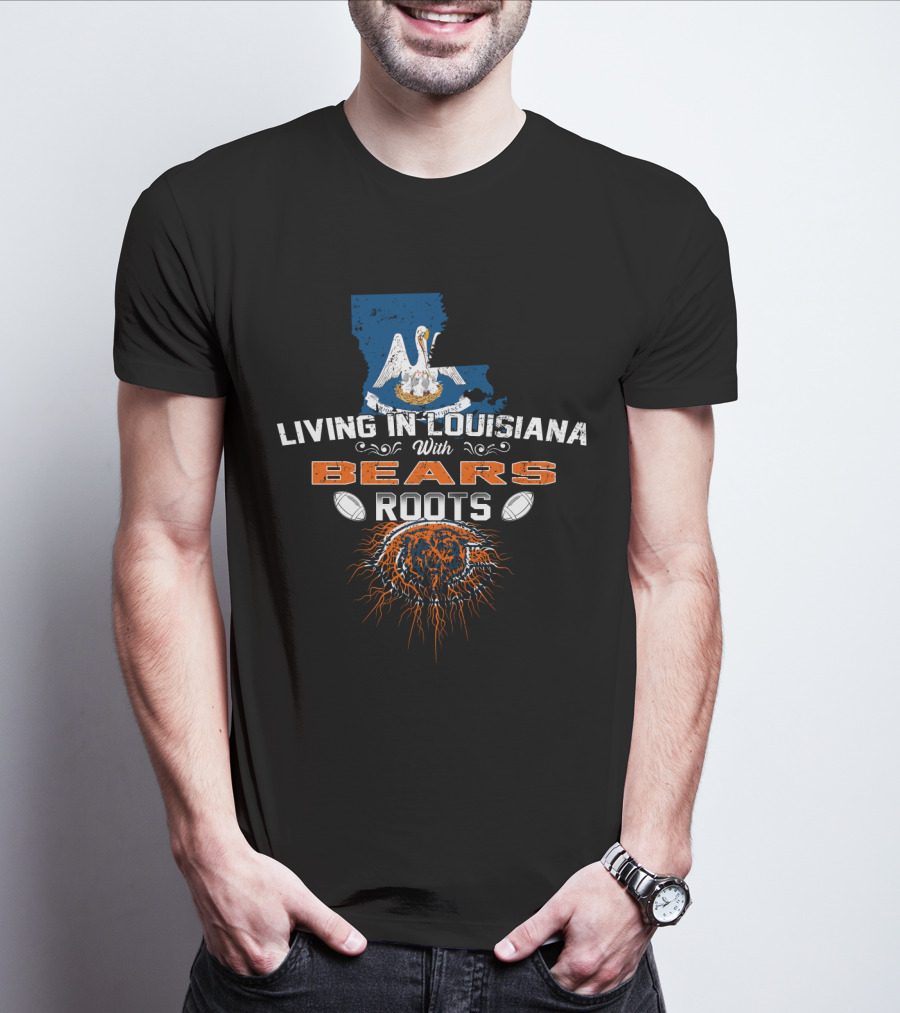 Living In Louisiana With Chicago Bears Roots Pelican Map Football Emblem T-Shirt