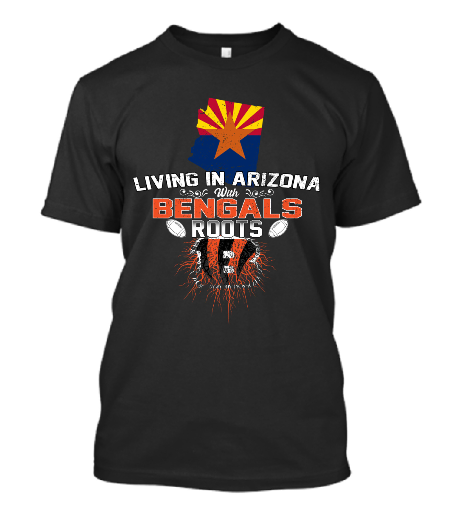 Living In Arizona With Bengals Roots Arizona Flag And Football Elements T-Shirt