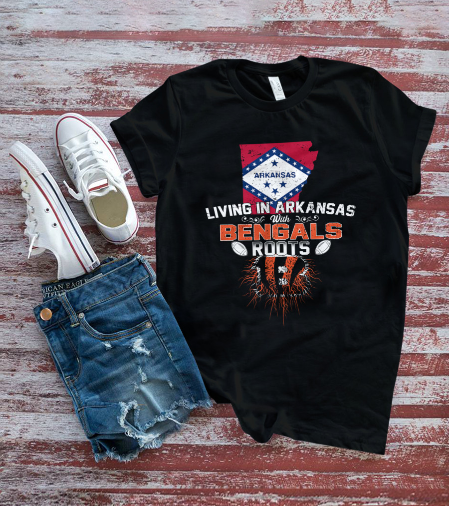 Living In Arkansas With Bengals Roots Football Graphic State Outline Flag T-Shirt