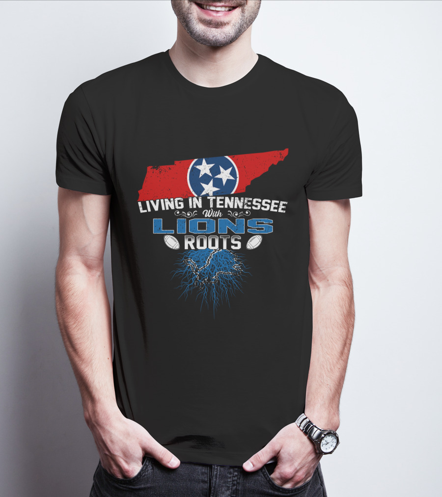 Living In Tennessee With Lions Roots Featuring Tennessee Flag And Football Elements T-Shirt
