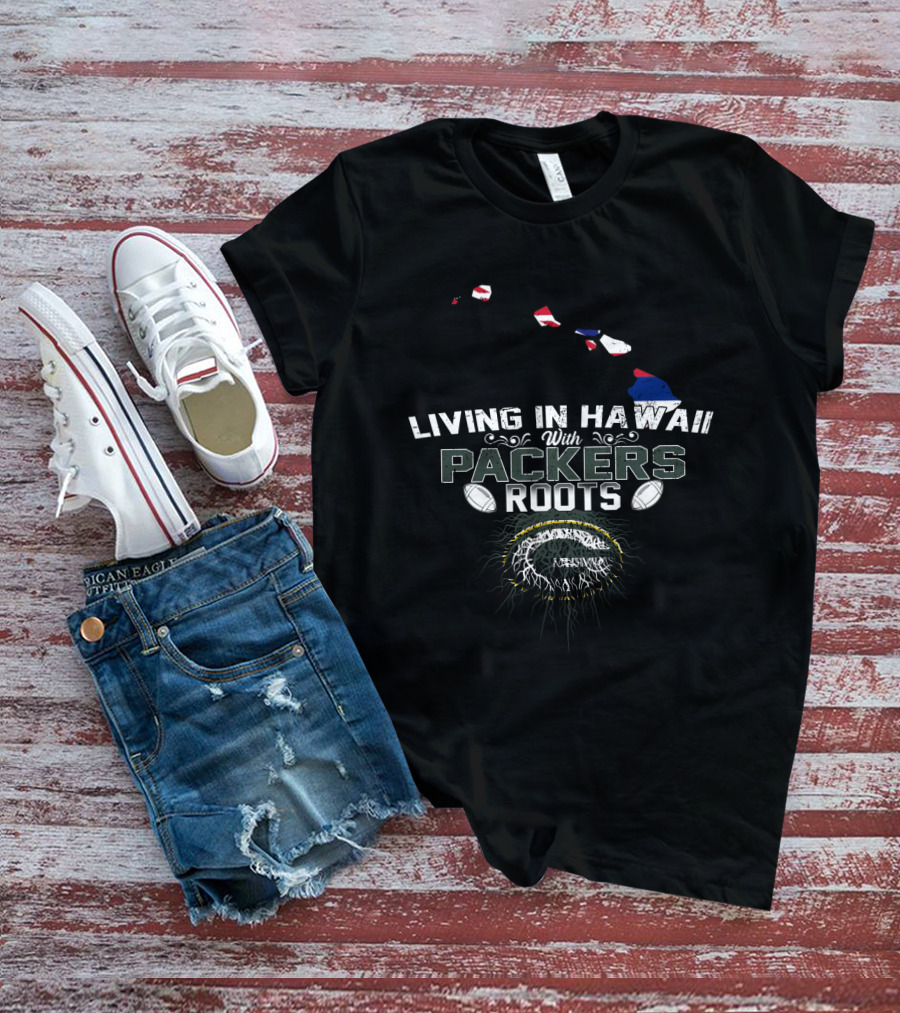 Living In Hawaii With Green Bay Packers Roots Football Fan Map T-Shirt