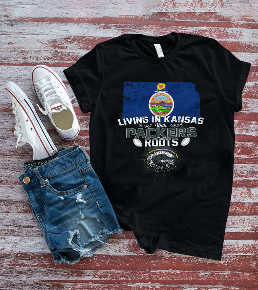 Living In Kansas With Packers Roots Featuring Kansas State Map And Football Emblem T-Shirt