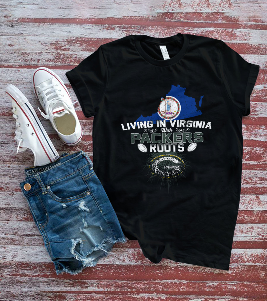 Living In Virginia With Packers Roots Virginia Map Logo Green And Gold Football T-Shirt