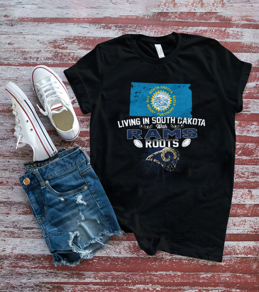 Living In South Dakota With Rams Roots South Dakota State Flag Football Rams T-Shirt