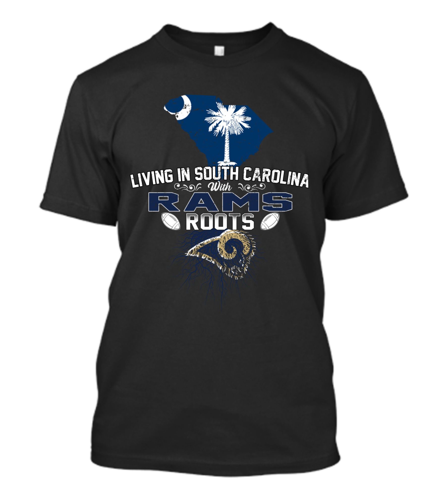 Living In South Carolina With Rams Roots Palmetto Crescent Moon Axial T-Shirt