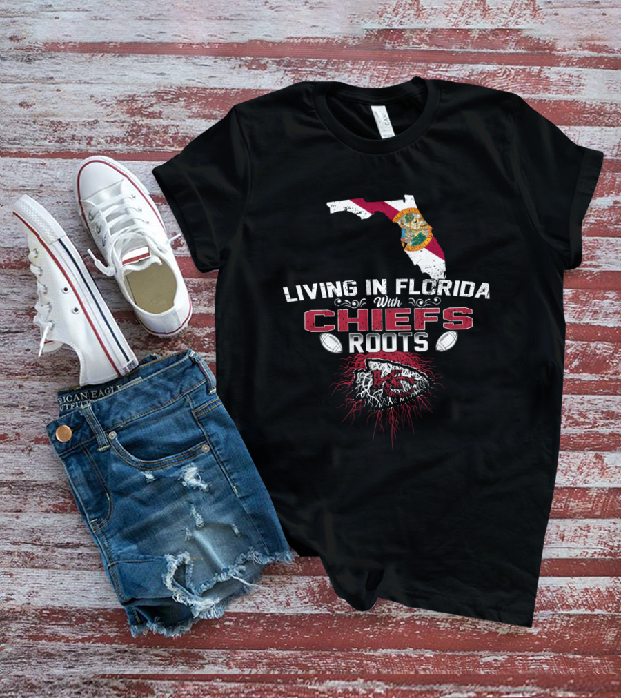 Living In Florida With Chiefs Roots Map And Football Elements T-Shirt