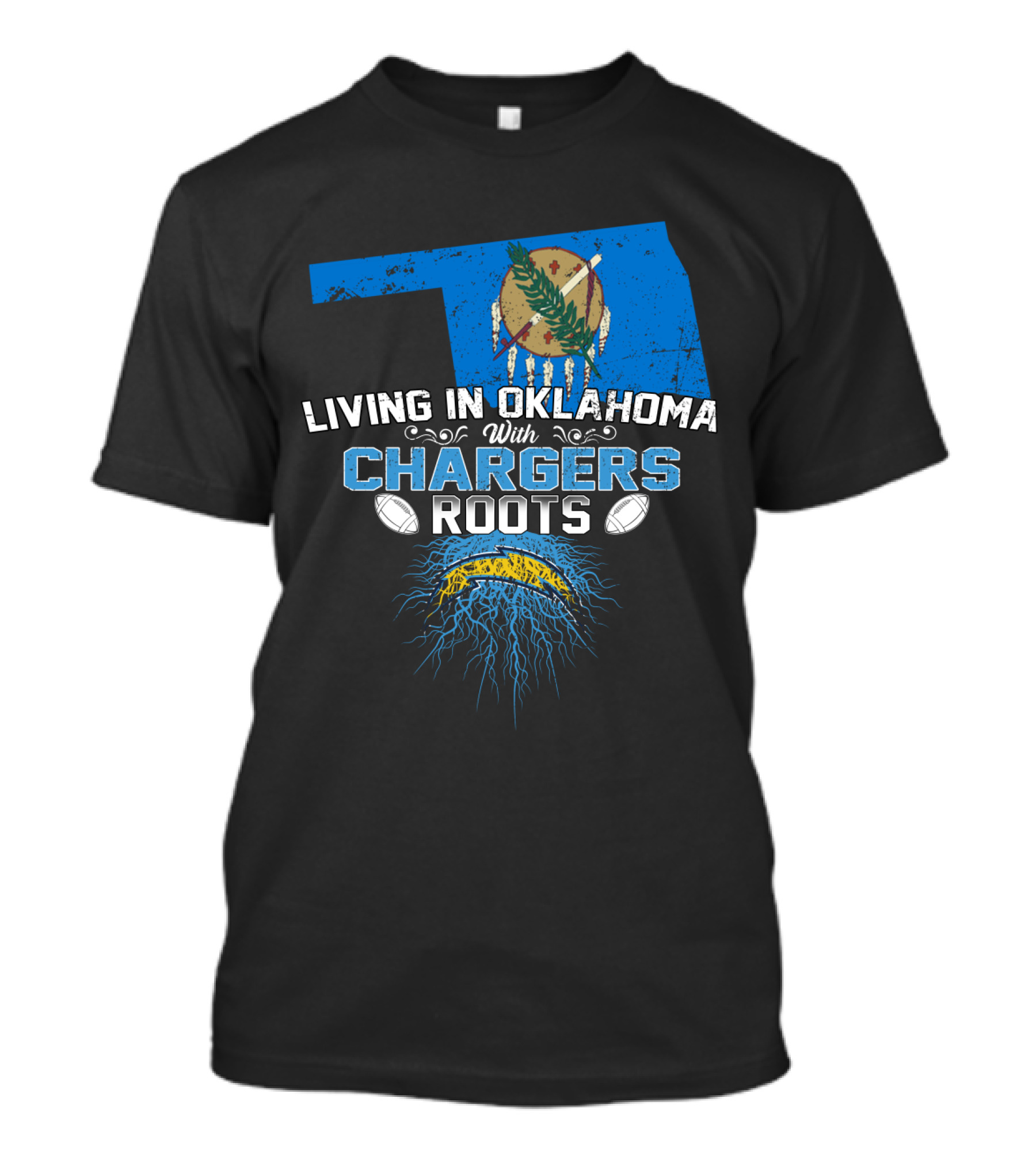 Living In Oklahoma With Chargers Roots Flag And Football Graphics T-Shirt