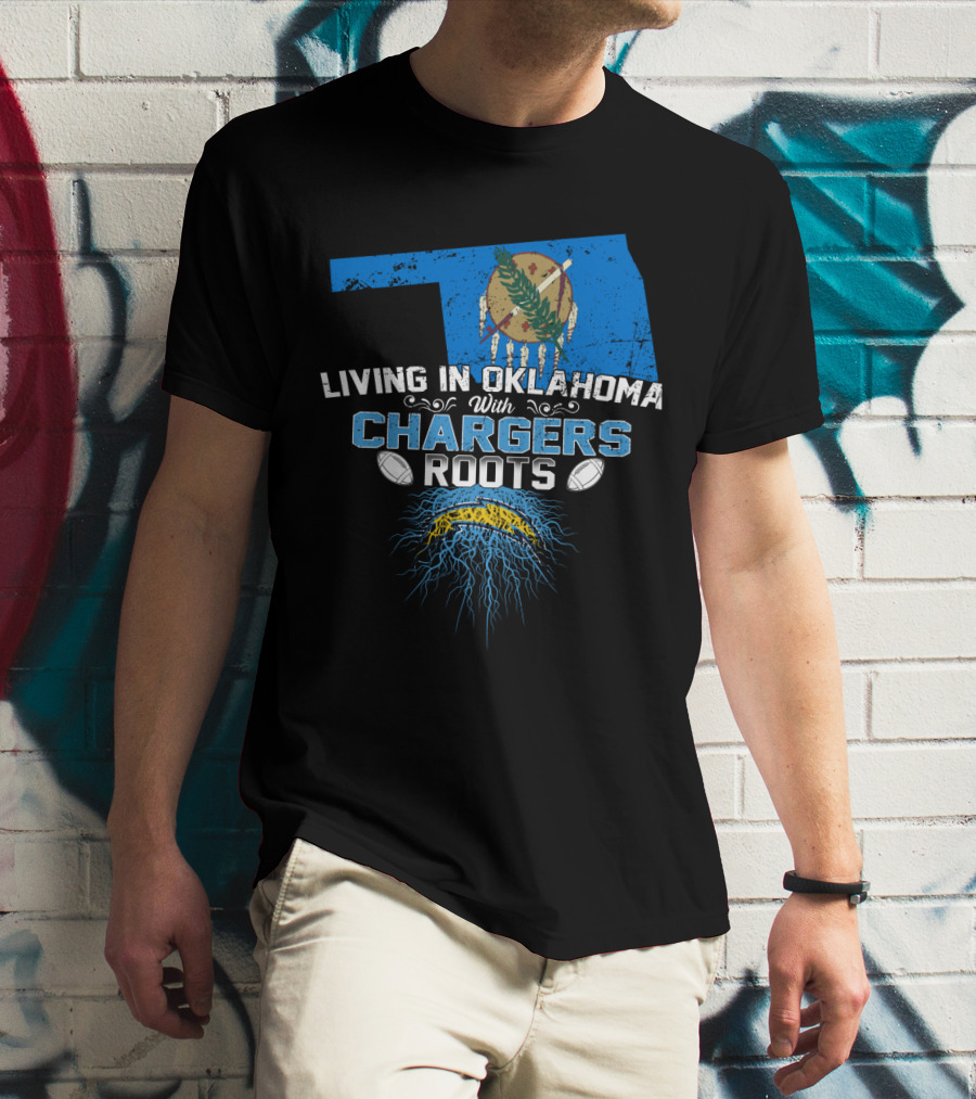 Living In Oklahoma With Chargers Roots Flag And Football Graphics T-Shirt