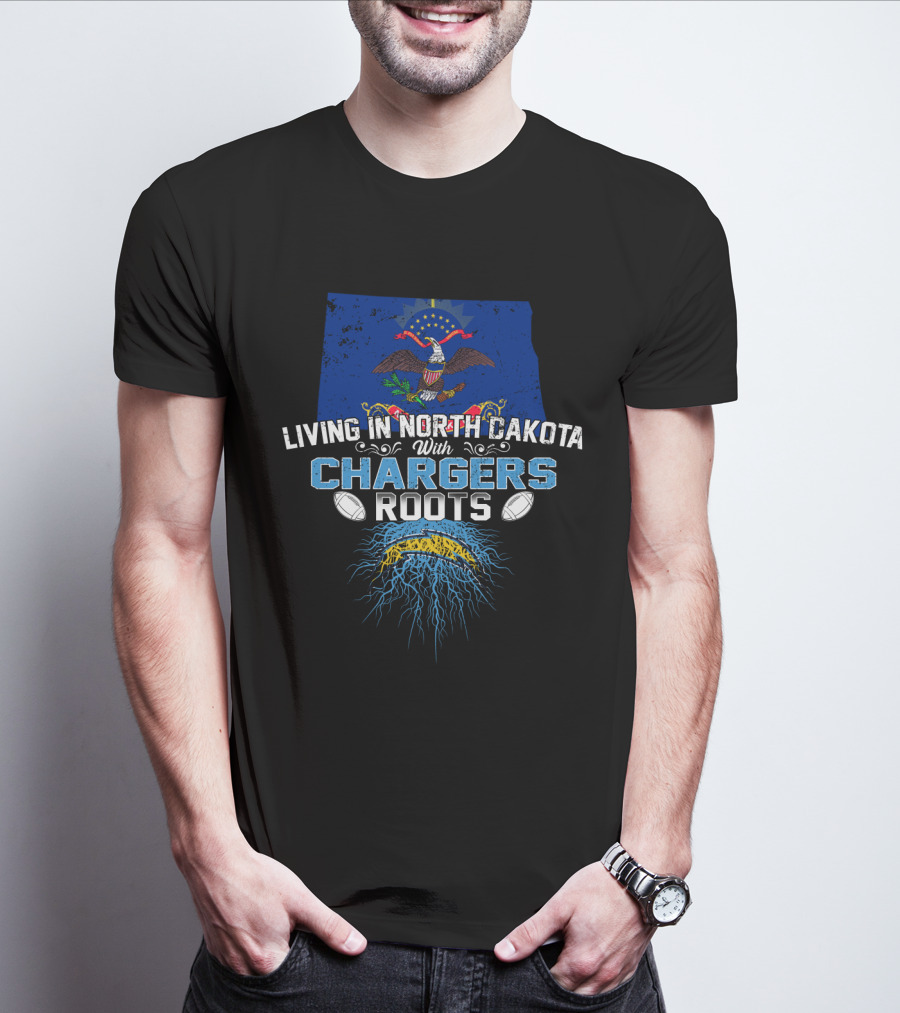 Living In North Dakota With Chargers Roots Flag And Helmet T-Shirt