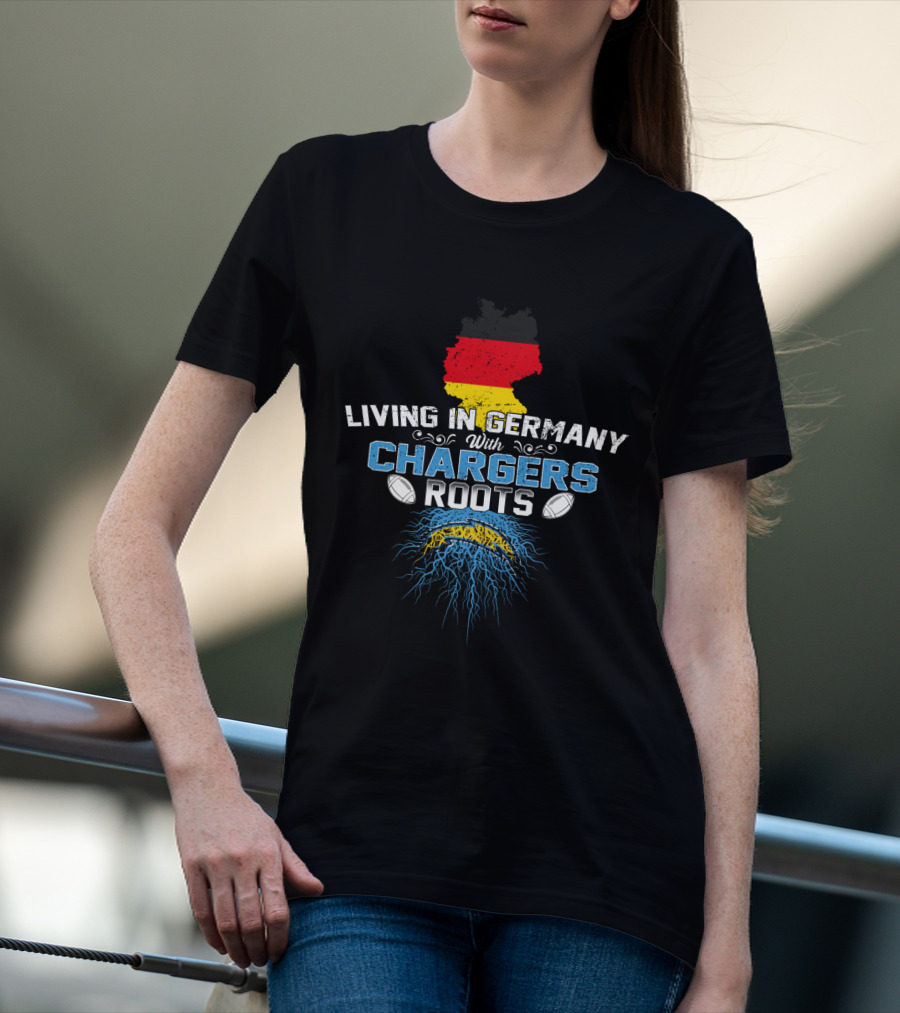 Living In Germany With Chargers Roots Map Flag Football Lightning T-Shirt