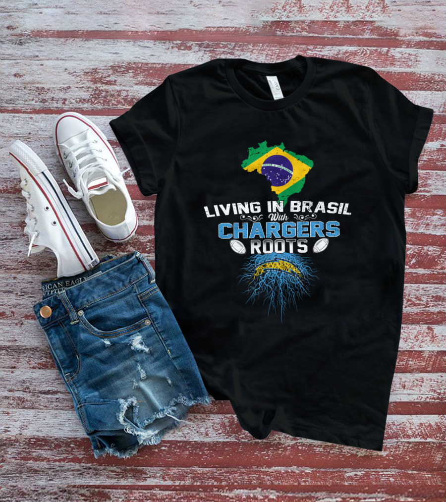 Living In Brasil With Chargers Roots Brazil Map Flag And Football Elements T-Shirt