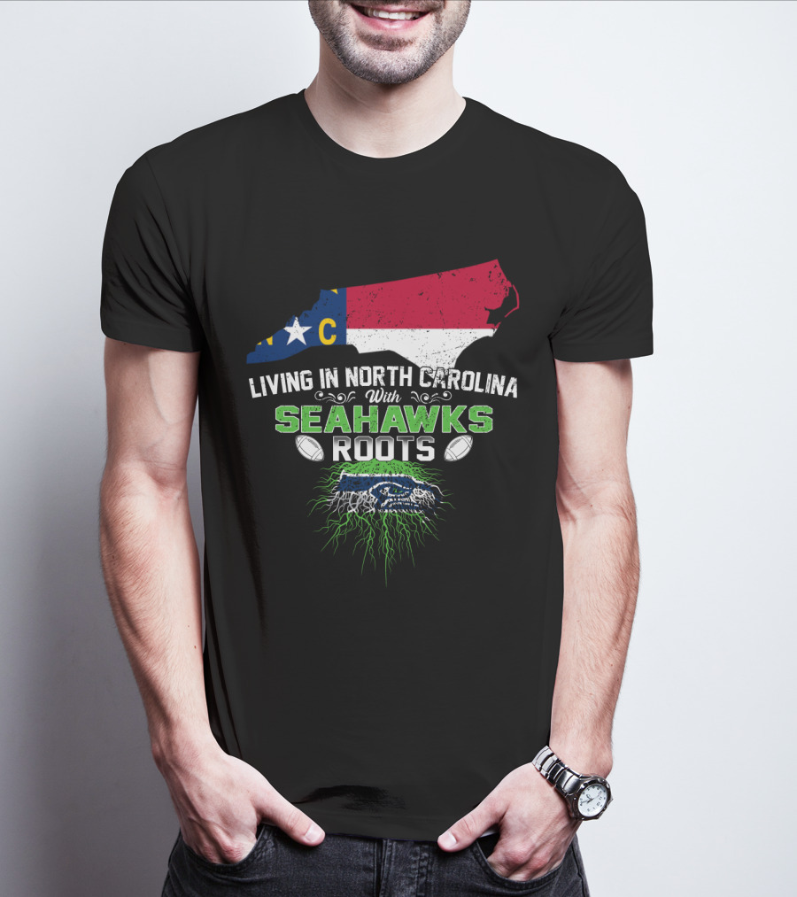 Living In North Carolina With Seahawks Roots NC Map T-Shirt