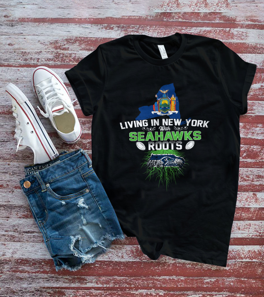 Living In New York With Seahawks Roots New York State Outline Seahawks Logo Footballs T-Shirt