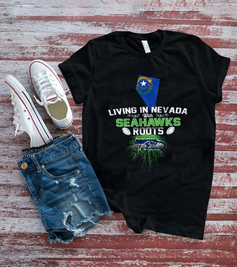 Living In Nevada With Seattle Seahawks Roots, Nevada Flag And Logo Elements T-Shirt