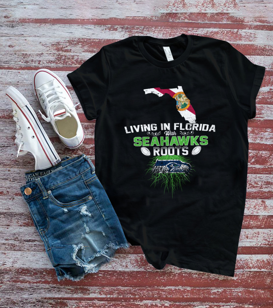 Living In Florida With Seahawks Roots Featuring State Flag And Logo Elements T-Shirt