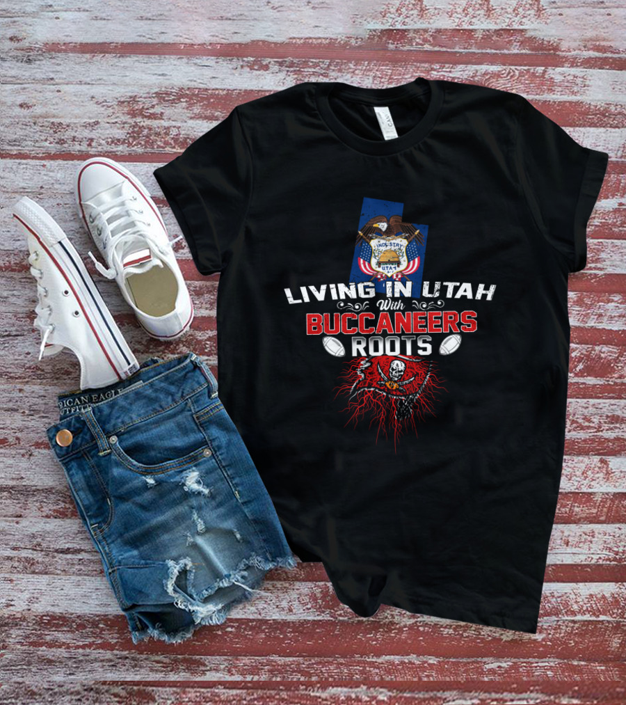 Living In Utah With Buccaneers Roots Utah State Flag Skull And Crossbones Football T-Shirt