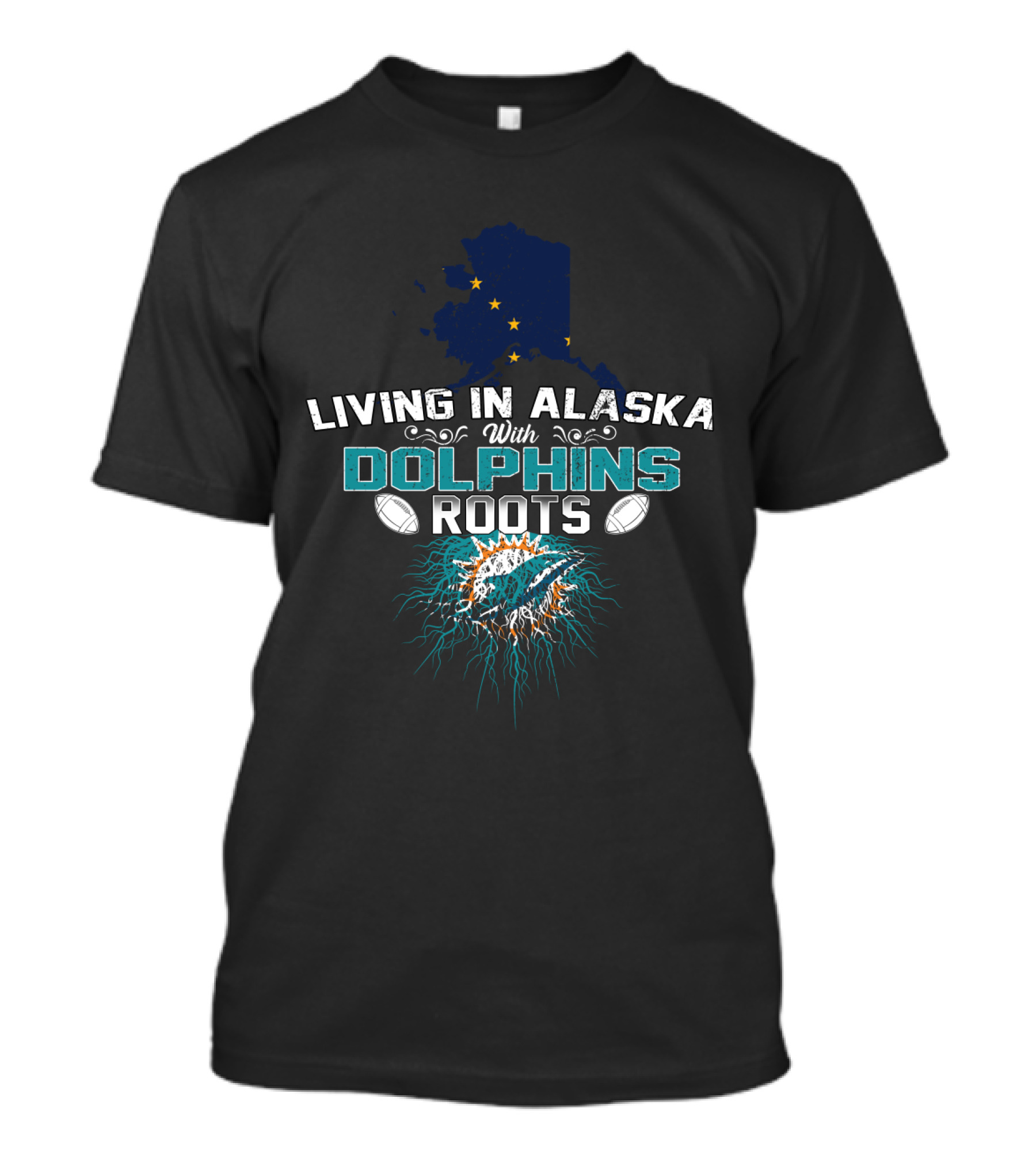 Living In Alaska With Dolphins Roots And Miami Football Elements T-Shirt