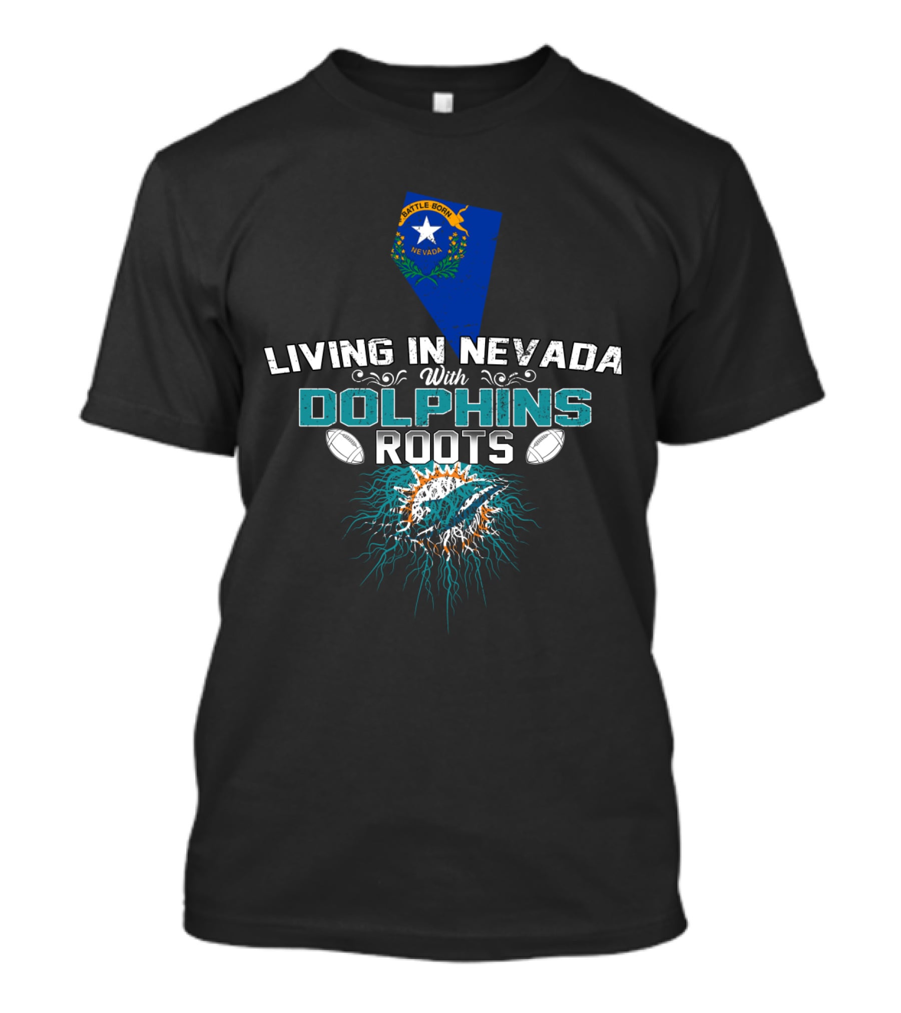 Living In Nevada With Miami Dolphins Roots Nevada Map Football Elements T-Shirt