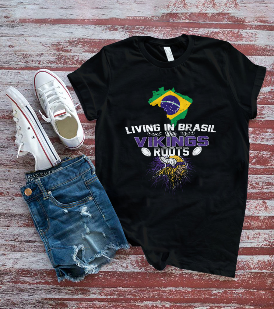 Living In Brasil With Vikings Roots Map And Viking Helmet With Footballs T-Shirt