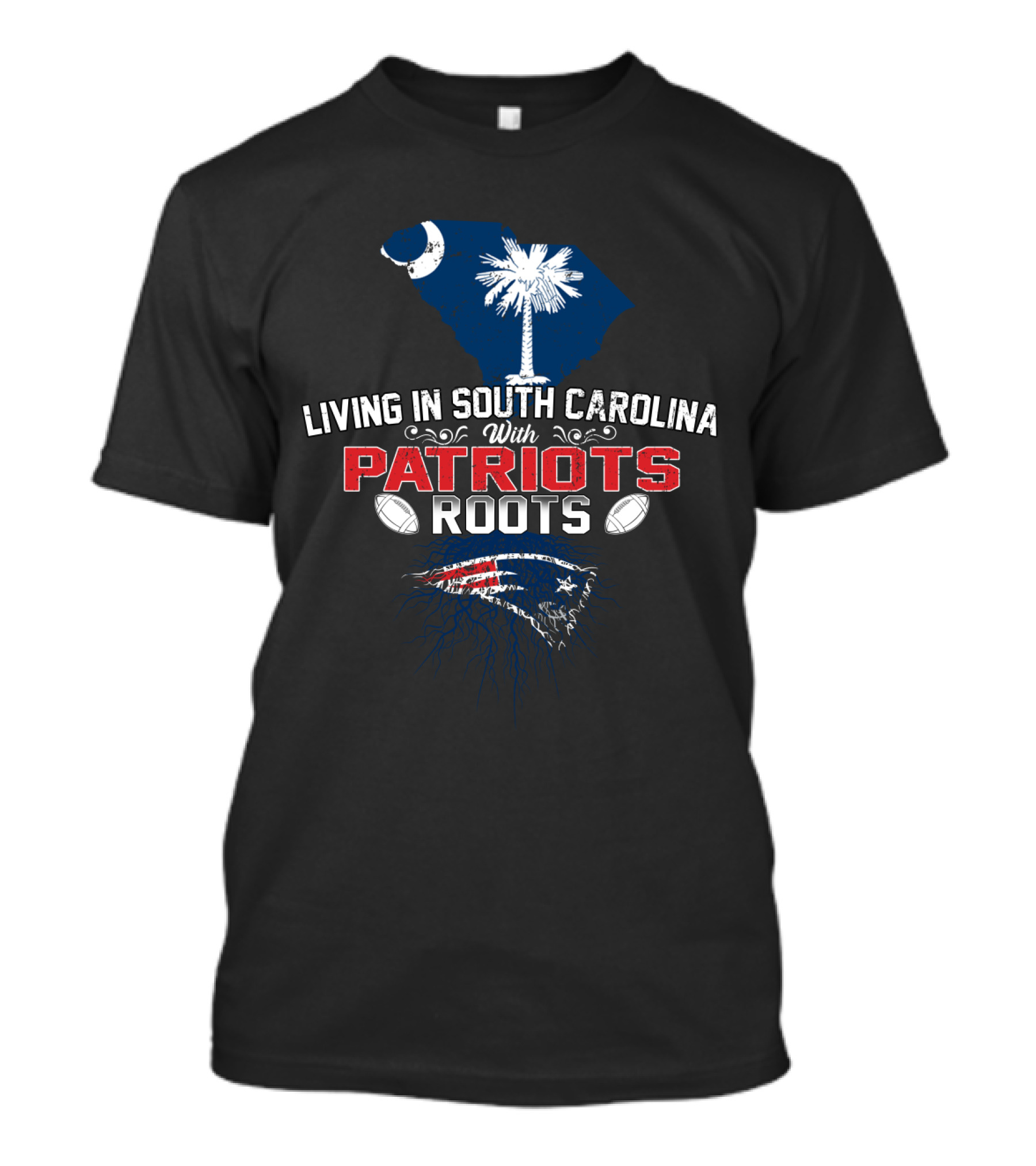 Living In South Carolina With Patriots Roots South Carolina Map Palmetto Crescent Patriots Logo Footballs T-Shirt