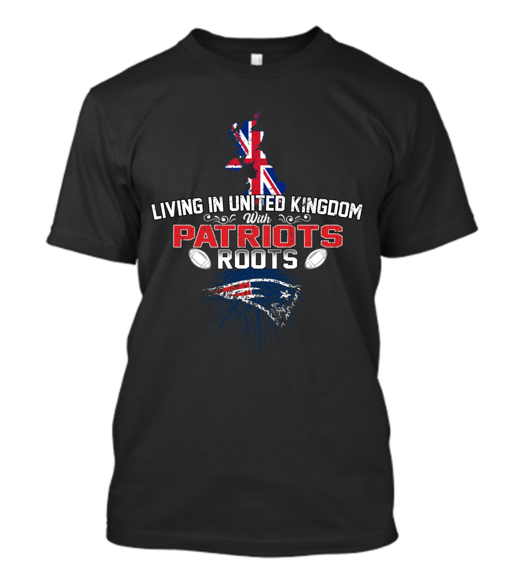 Living In United Kingdom With Patriots Roots NFL Fan Map And Helmet Graphics T-Shirt