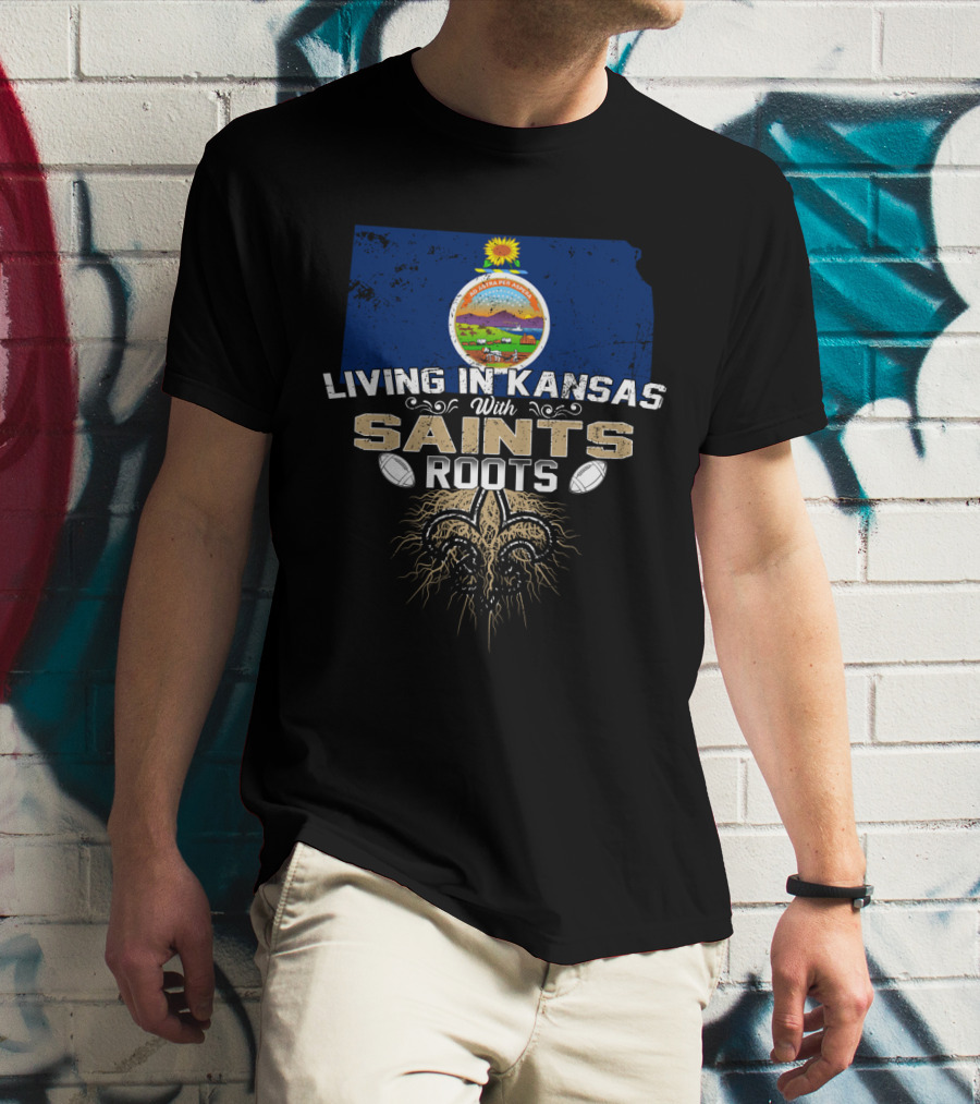 Living In Kansas With Saints Roots Kansas Map State Seal Fleur De Lis Football Elements T-Shirt