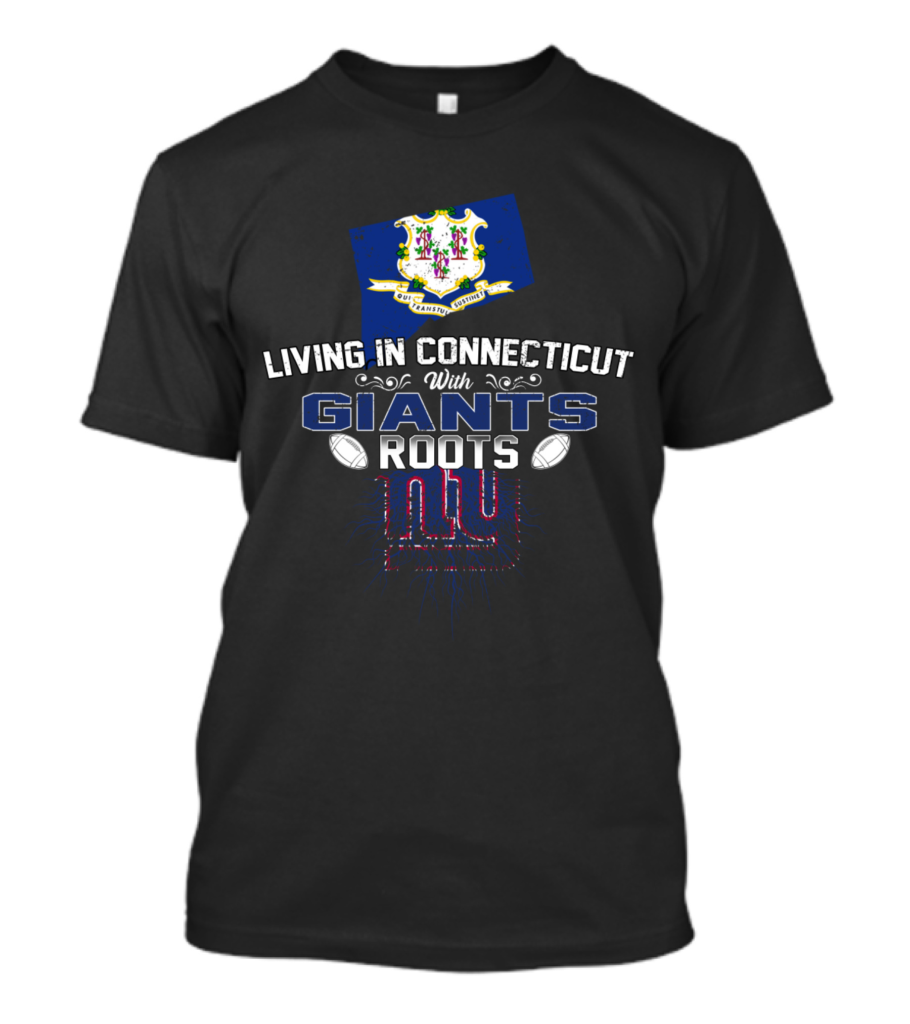 Living In Connecticut With New York Giants Roots And State Map Emblem T-Shirt