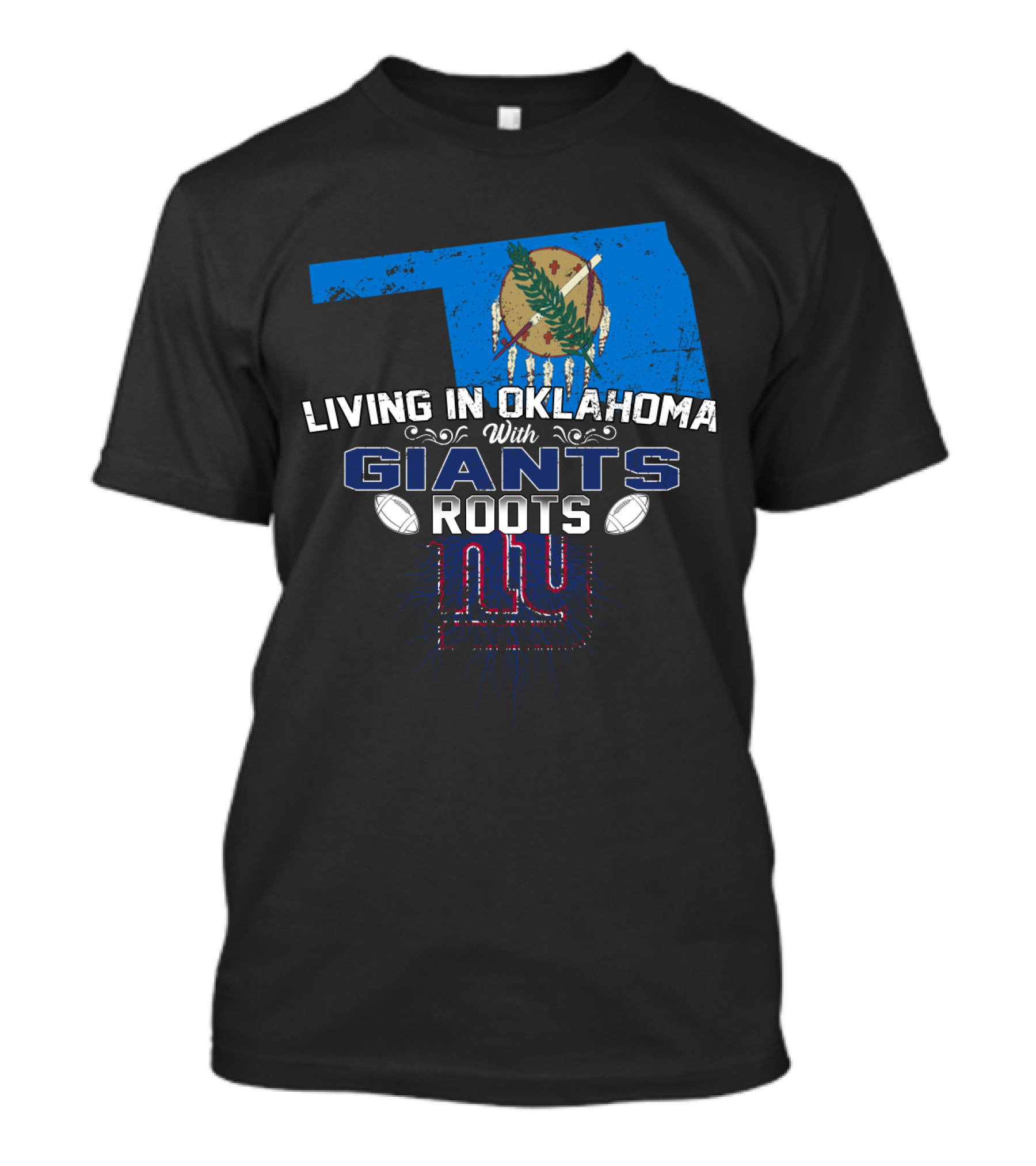 Living In Oklahoma With New York Giants Roots And Oklahoma Flag Outline T-Shirt
