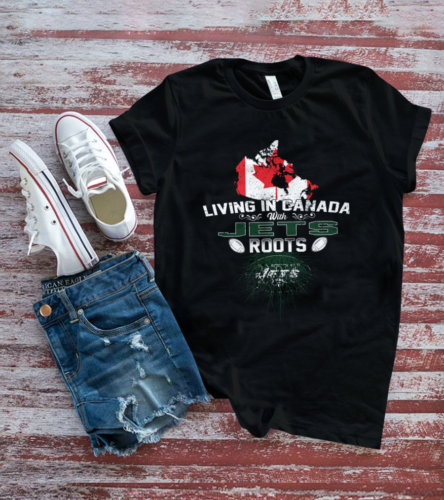 Living In Canada With Jets Roots Map And Football T-Shirt
