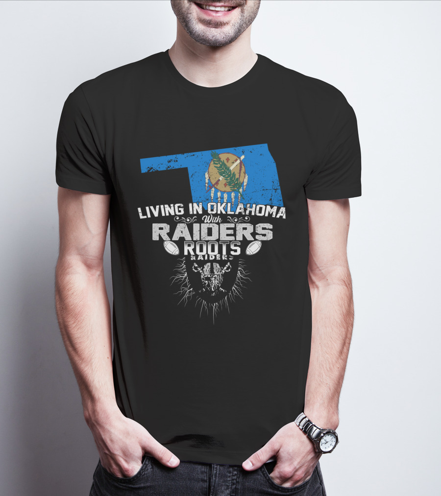 Living In Oklahoma With Raiders Roots Oklahoma Map And Football Elements T-Shirt