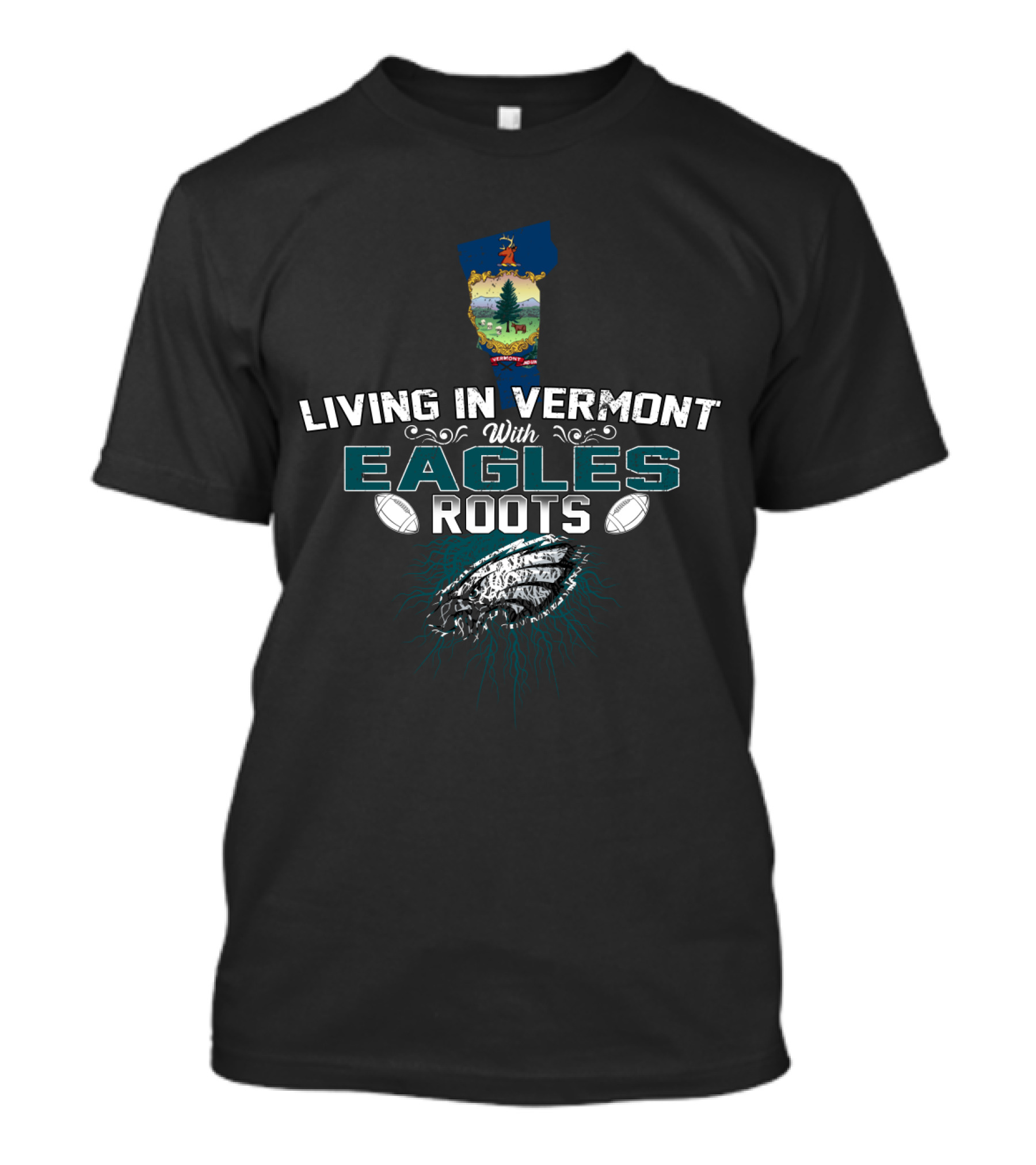 Living In Vermont With Eagles Roots Football Heritage Iconic Vermont State Map T-Shirt