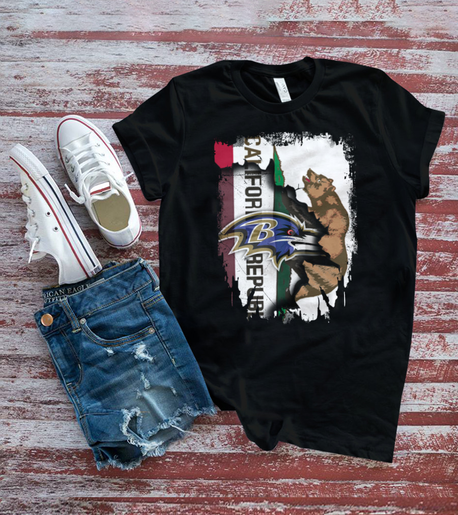 California Republic Bear And Baltimore Ravens Logo Fusion T-Shirt