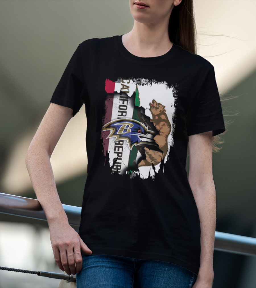 California Republic Bear And Baltimore Ravens Logo Fusion T-Shirt