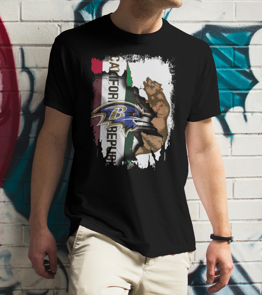 California Republic Bear And Baltimore Ravens Logo Fusion T-Shirt